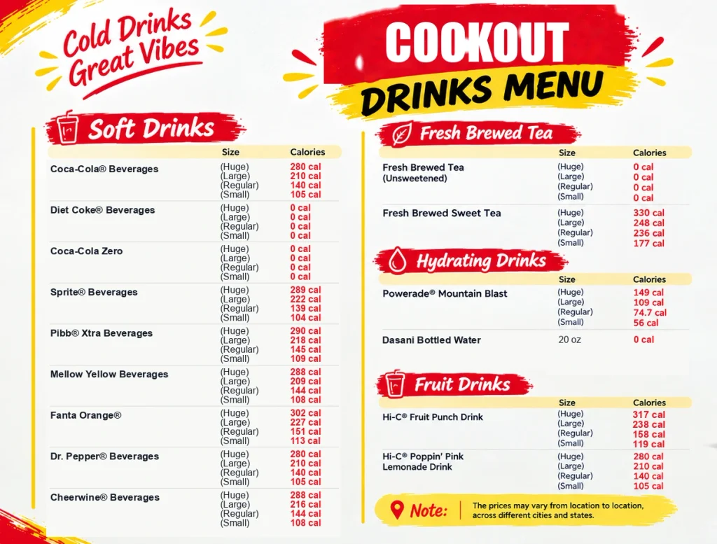 Cookout drinks menu with fountain drinks, tea, sizes and calories