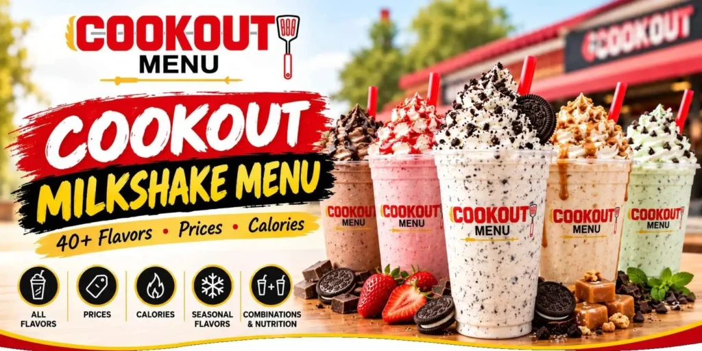 Cookout milkshake menu banner showing assorted shakes with flavor, price and calorie highlights.